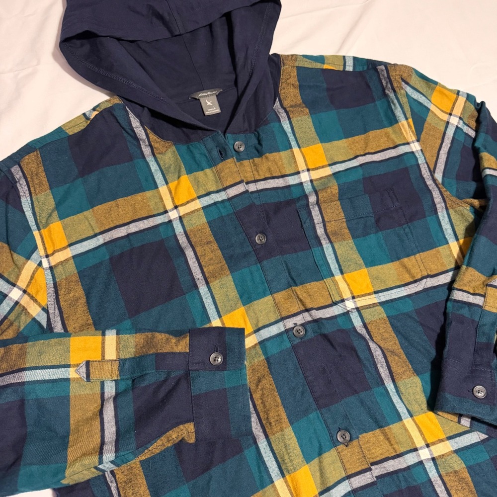 Eddie Bauer Womens Large Plaid Hooded Flannel Shirt Teal Navy Yellow Button Up